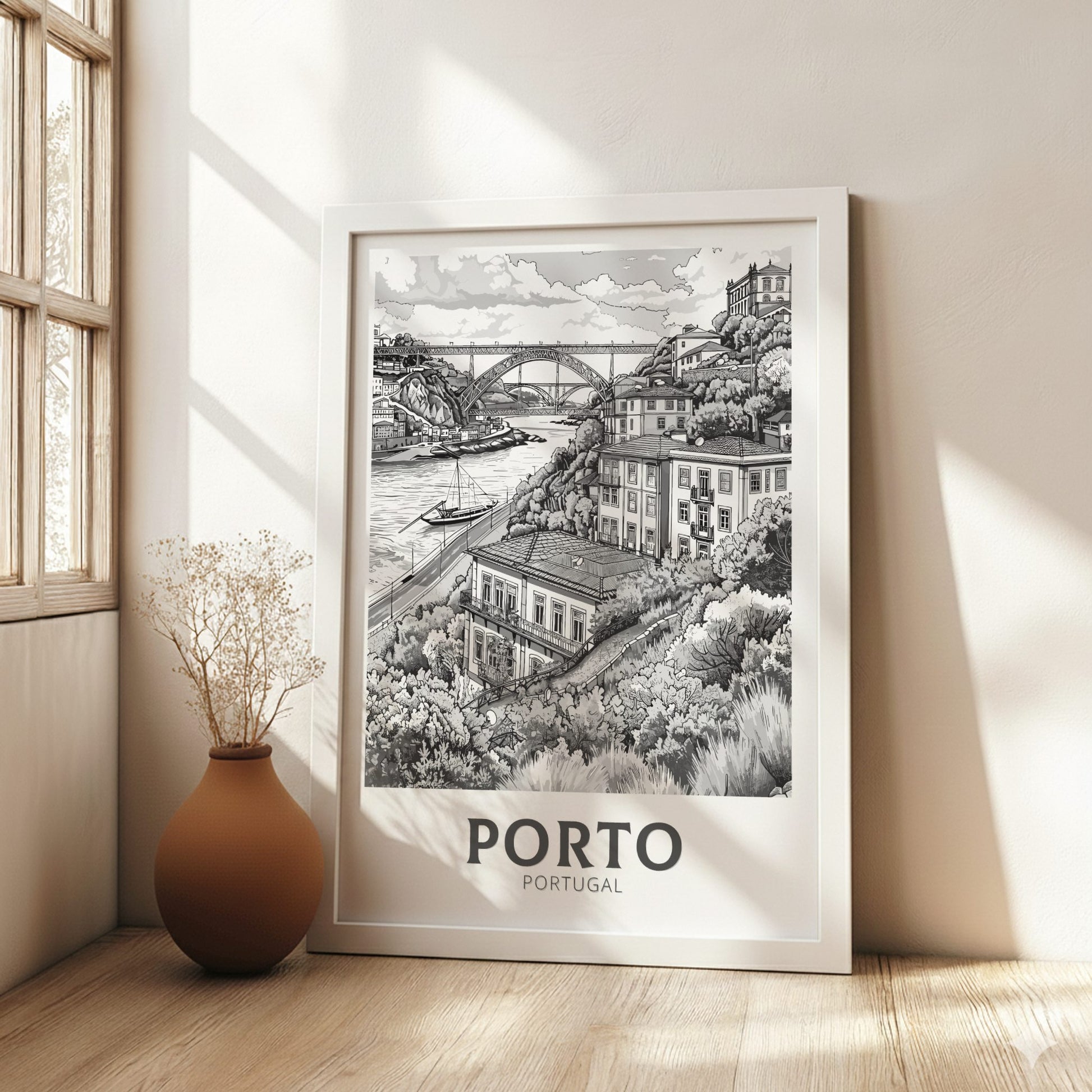 Porto Black and white travel poster on a white frame