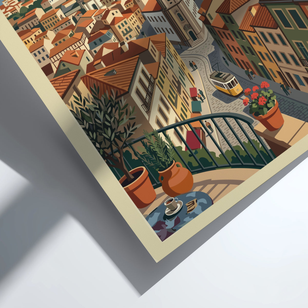 Porto Portugal travel poster showing a terracotta cityscape with a tram and bridge.