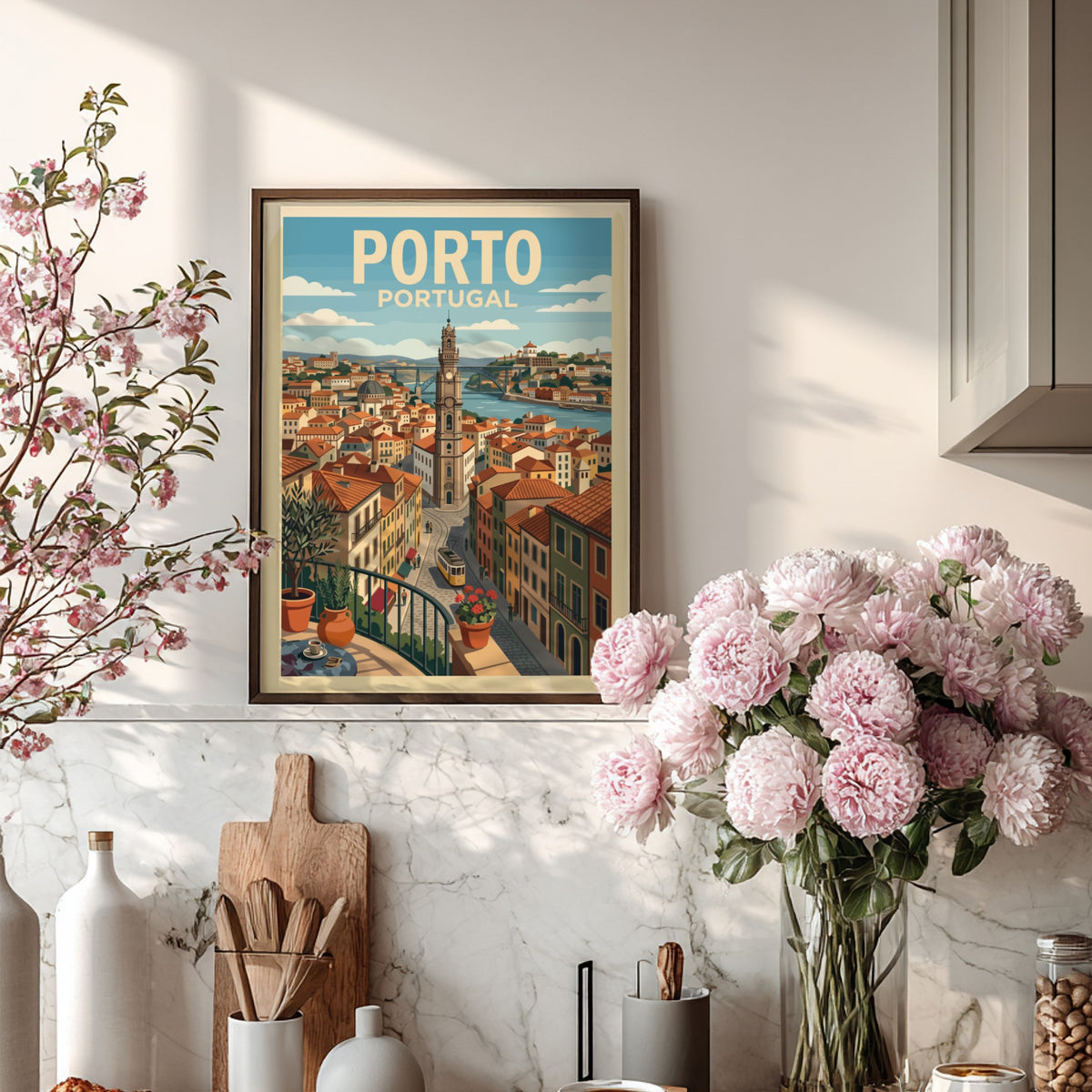 Porto Portugal travel poster showing a terracotta cityscape with a tram and bridge.