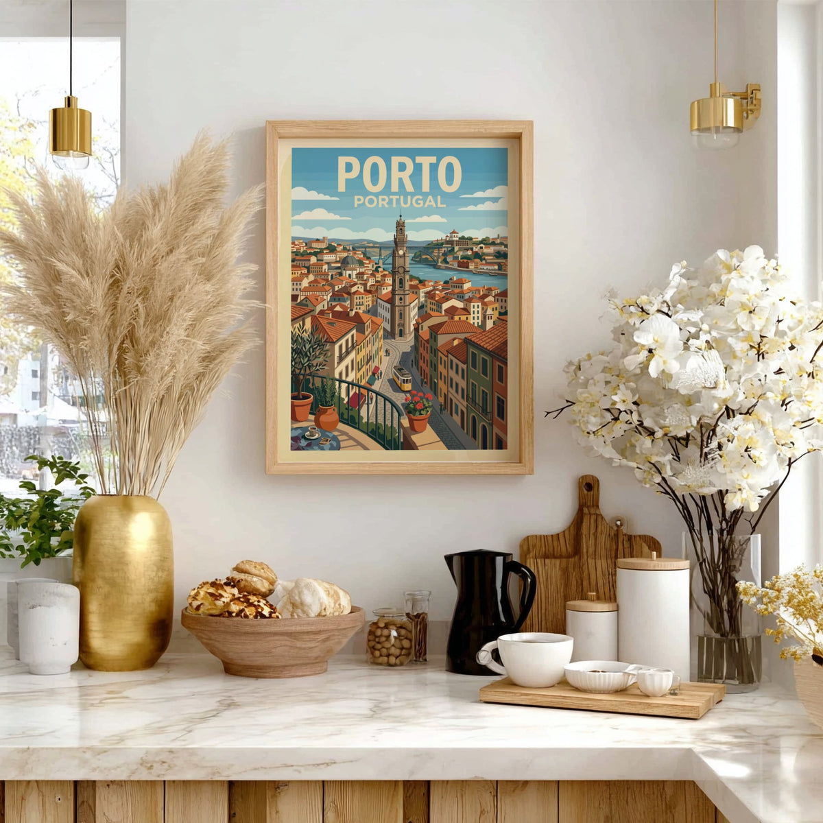 Porto Portugal travel poster showing a terracotta cityscape with a tram and bridge.