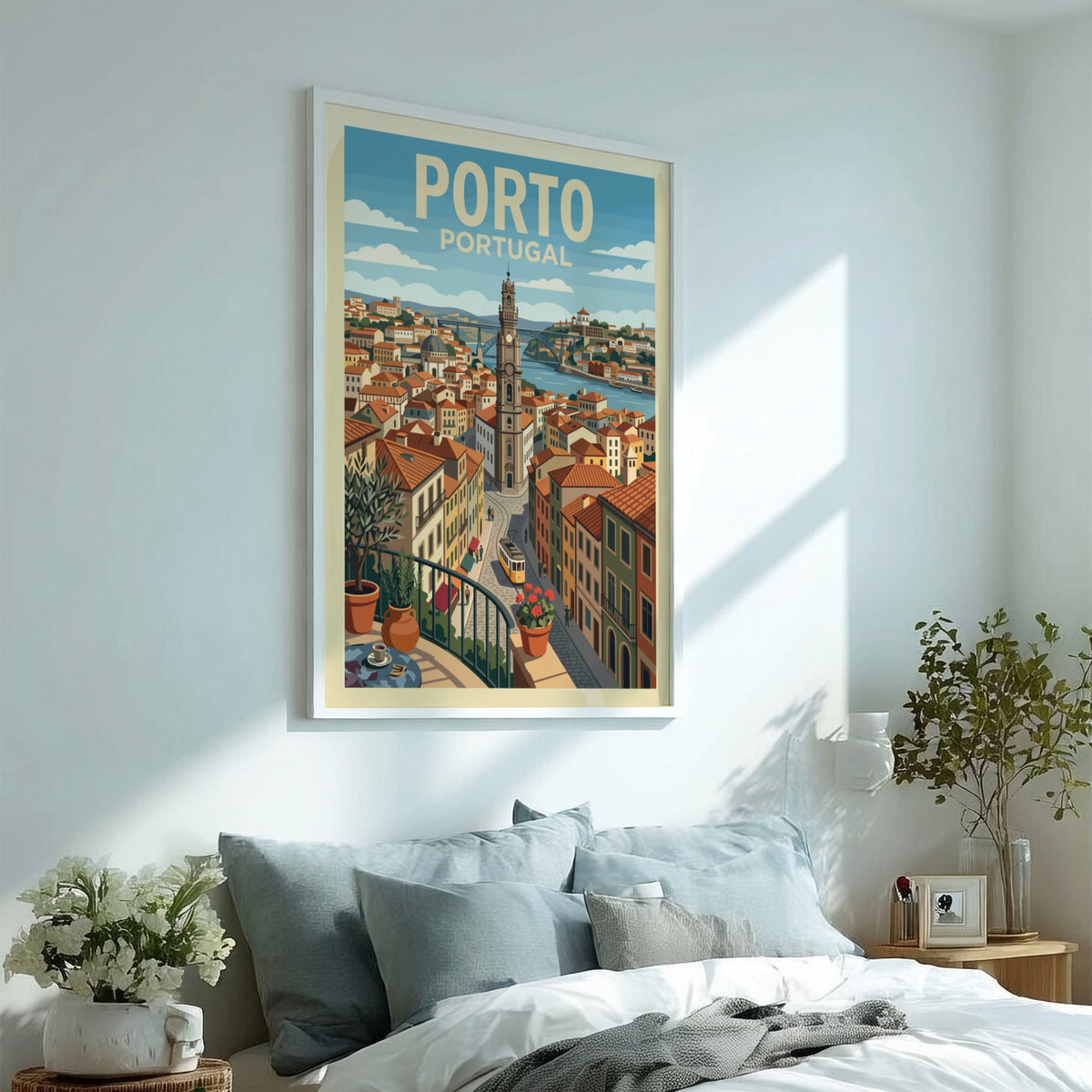 Porto Portugal travel poster showing a terracotta cityscape with a tram and bridge.