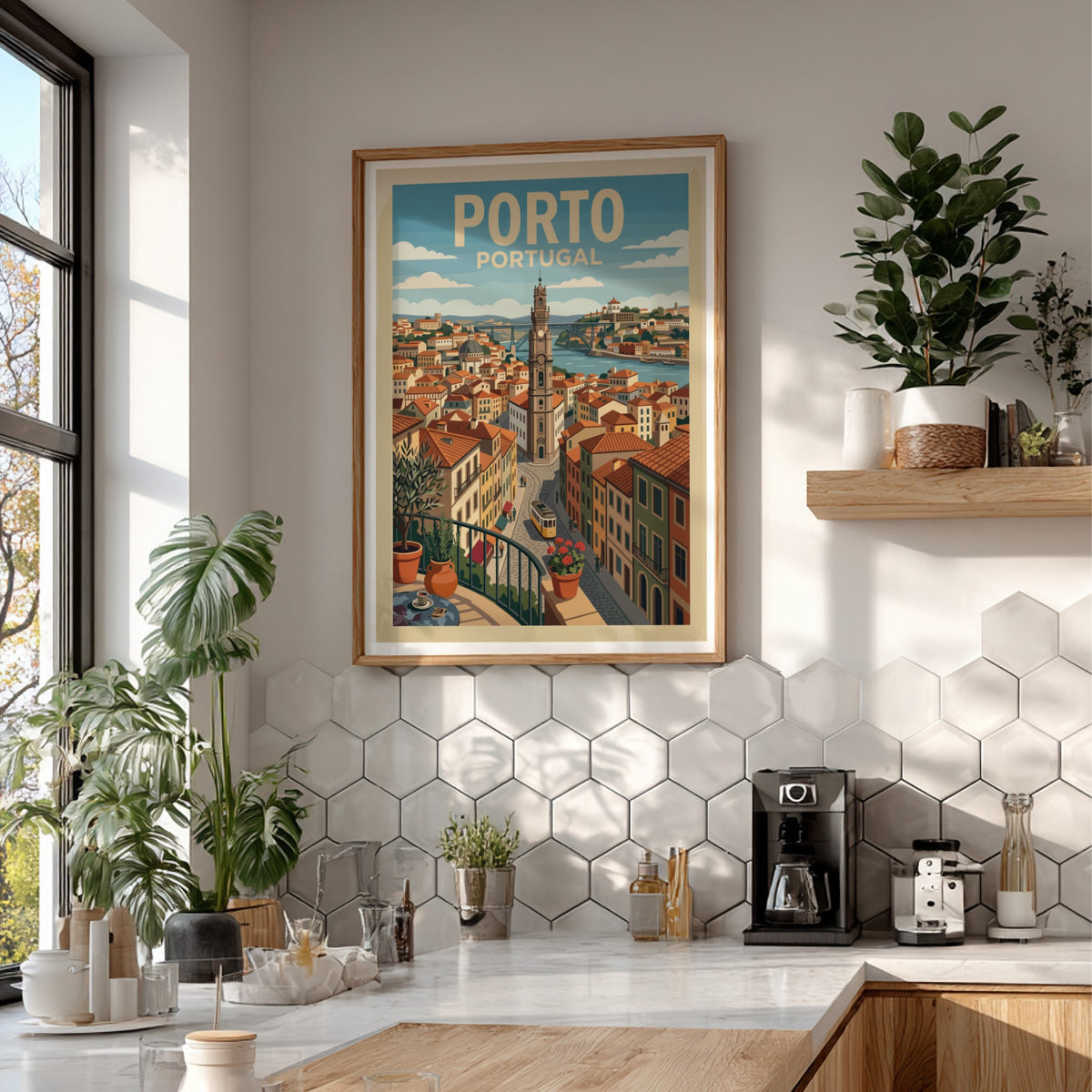 Porto Portugal travel poster showing a terracotta cityscape with a tram and bridge.