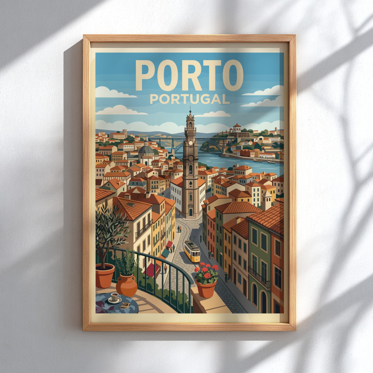 Porto Portugal travel poster showing a terracotta cityscape with a tram and bridge.