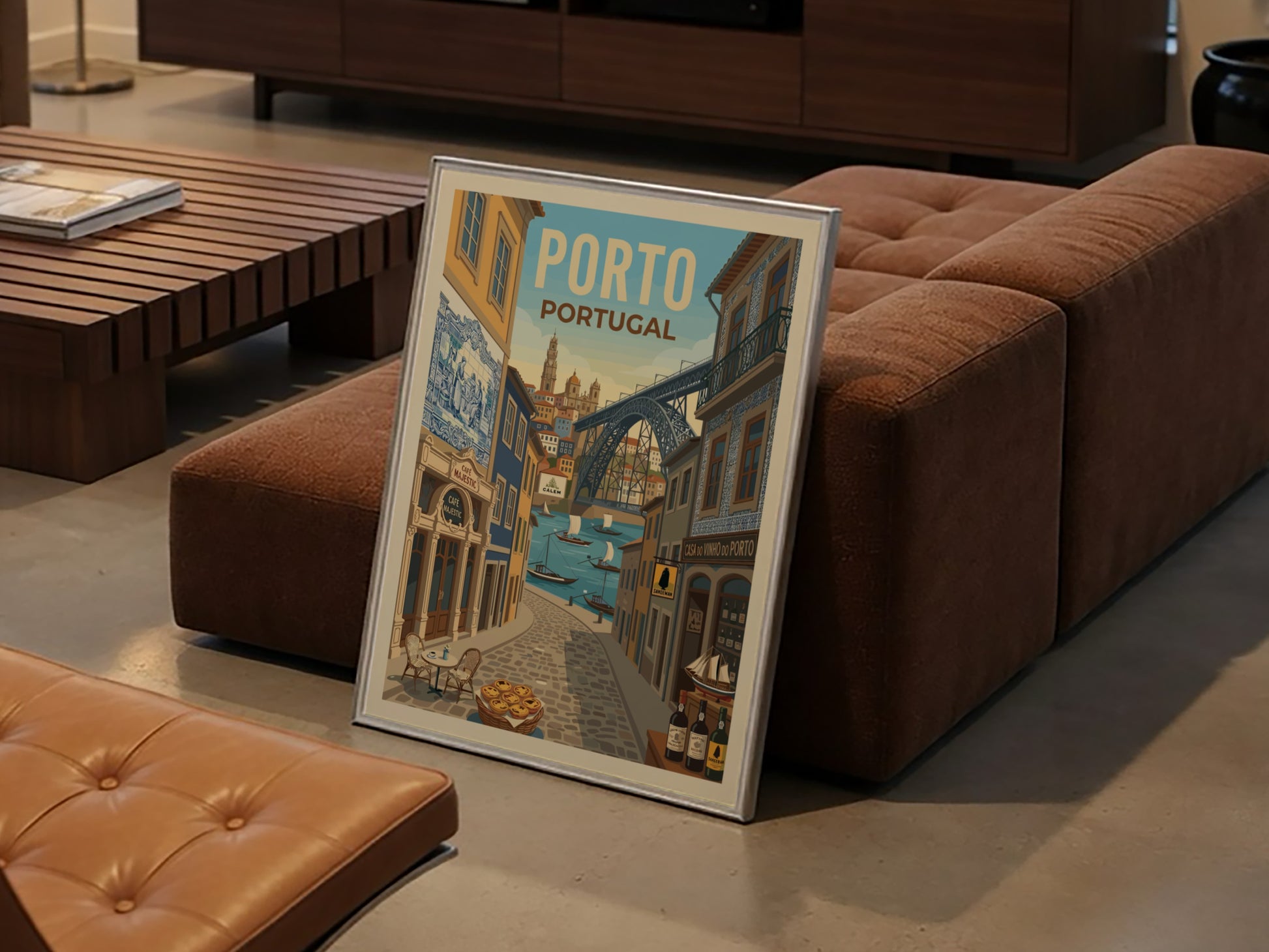 Porto travel poster with Dom Luís I Bridge, Rabelo boats, and historic buildings in a warm, illustrative