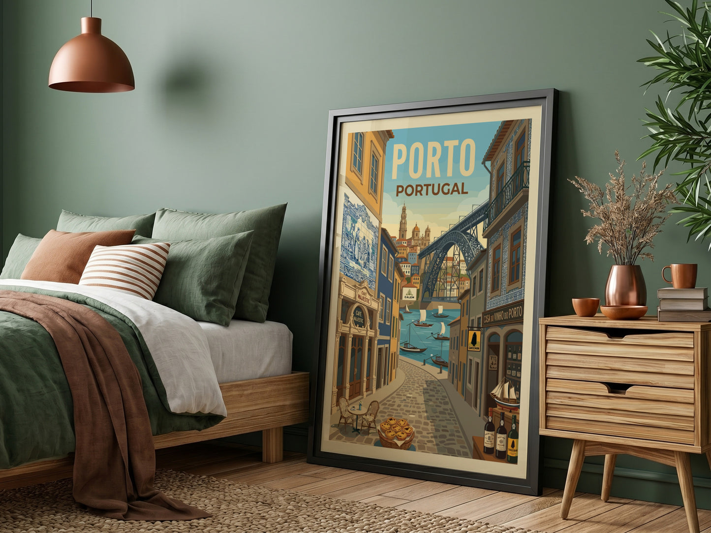 Porto travel poster with Dom Luís I Bridge, Rabelo boats, and historic buildings in a warm, illustrative