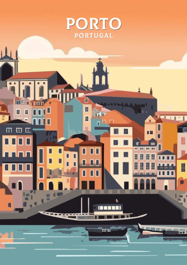 Europe PORTO RETRO TRAVEL ILLUSTRATION - PORTUGAL ARTWORK