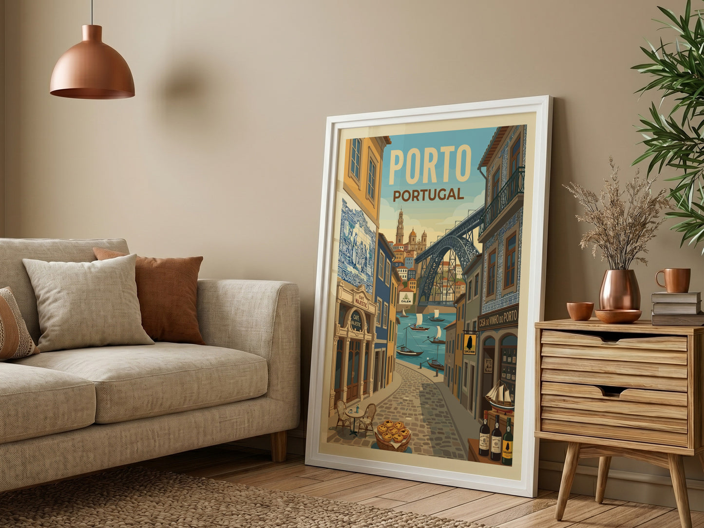 Porto travel poster with Dom Luís I Bridge, Rabelo boats, and historic buildings in a warm, illustrative