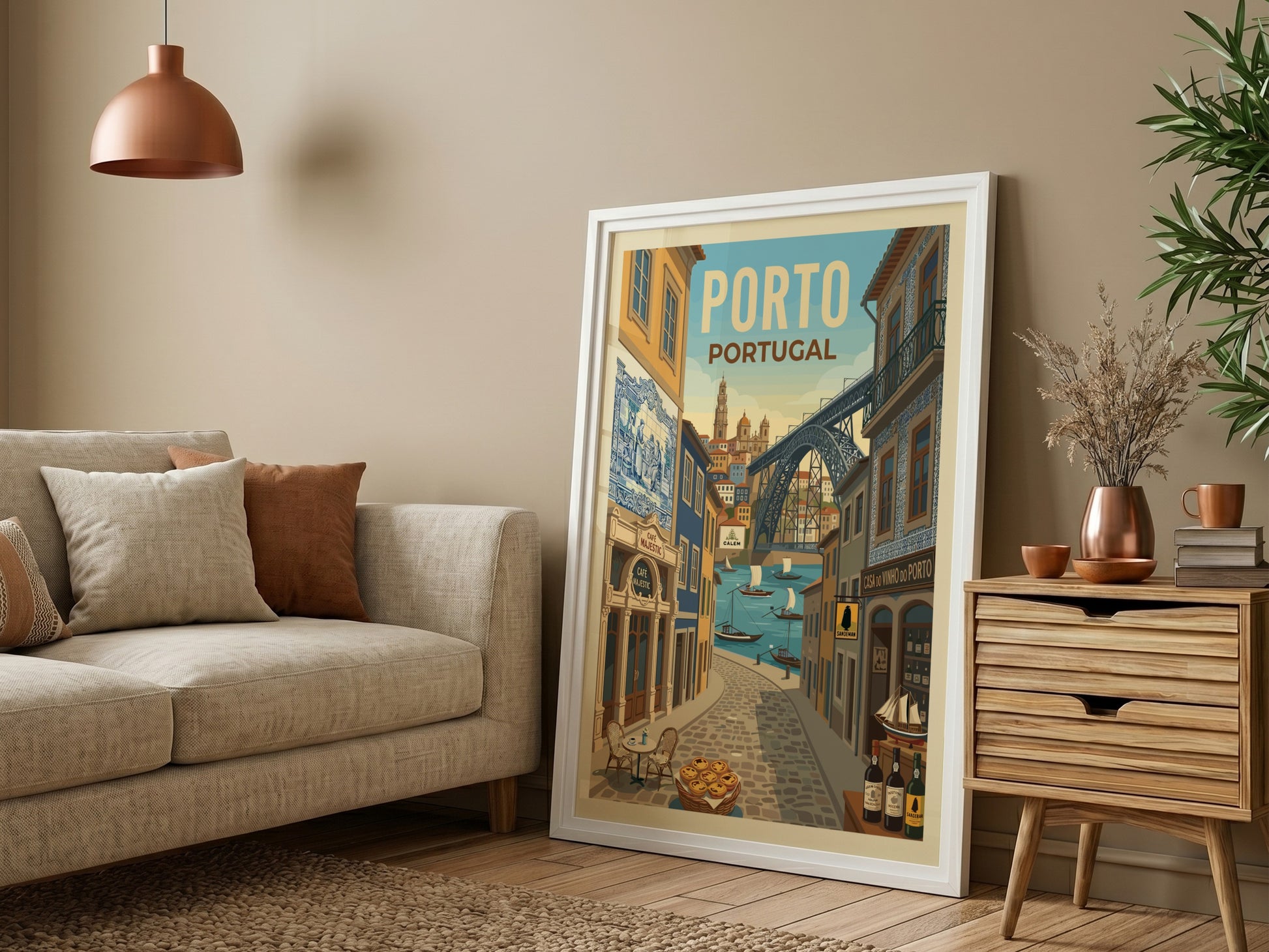 Porto travel poster with Dom Luís I Bridge, Rabelo boats, and historic buildings in a warm, illustrative