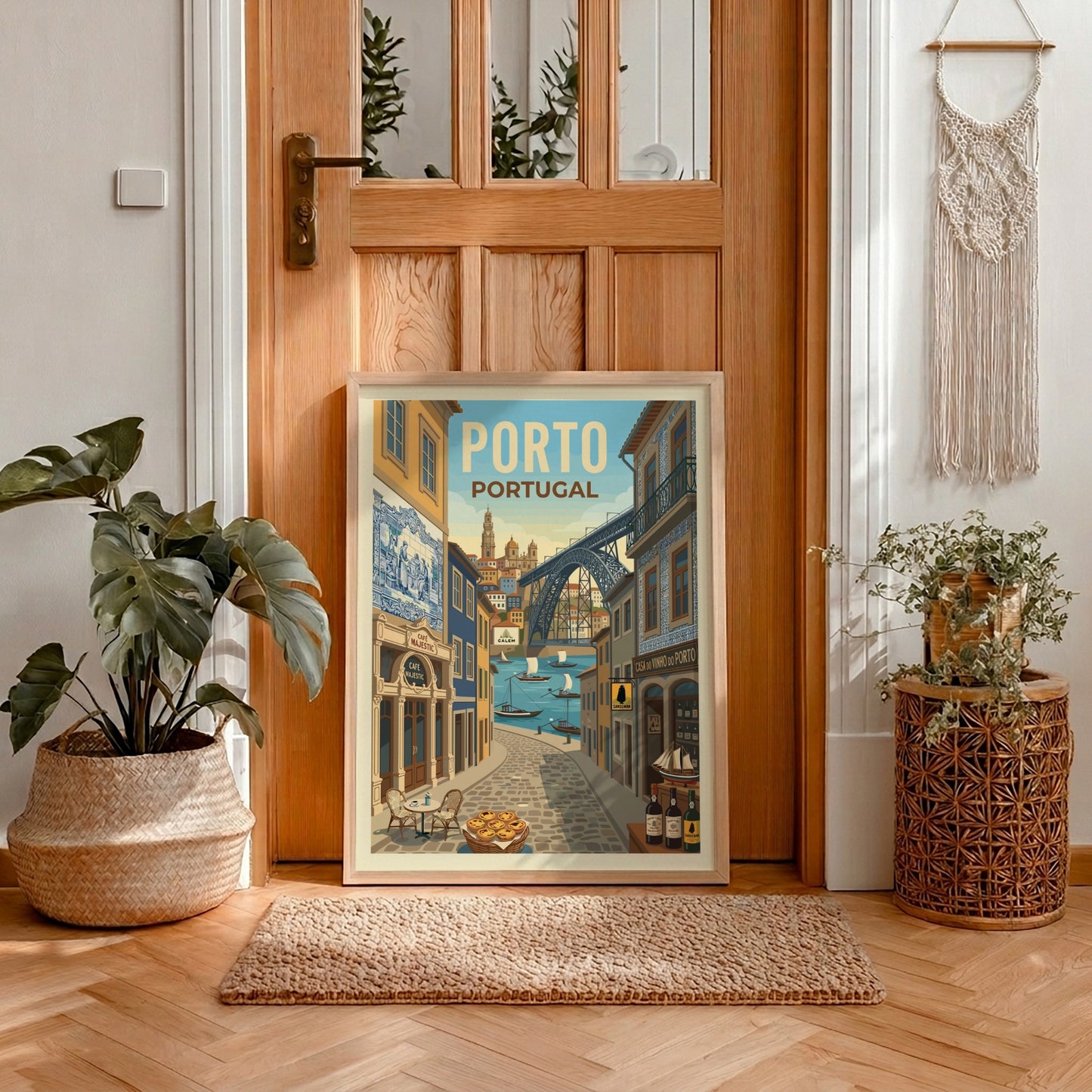 Porto travel poster with Dom Luís I Bridge, Rabelo boats, and historic buildings in a warm, illustrative