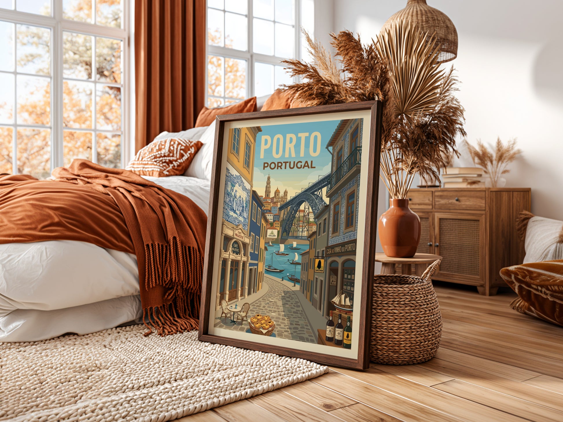 Porto travel poster with Dom Luís I Bridge, Rabelo boats, and historic buildings in a warm, illustrative