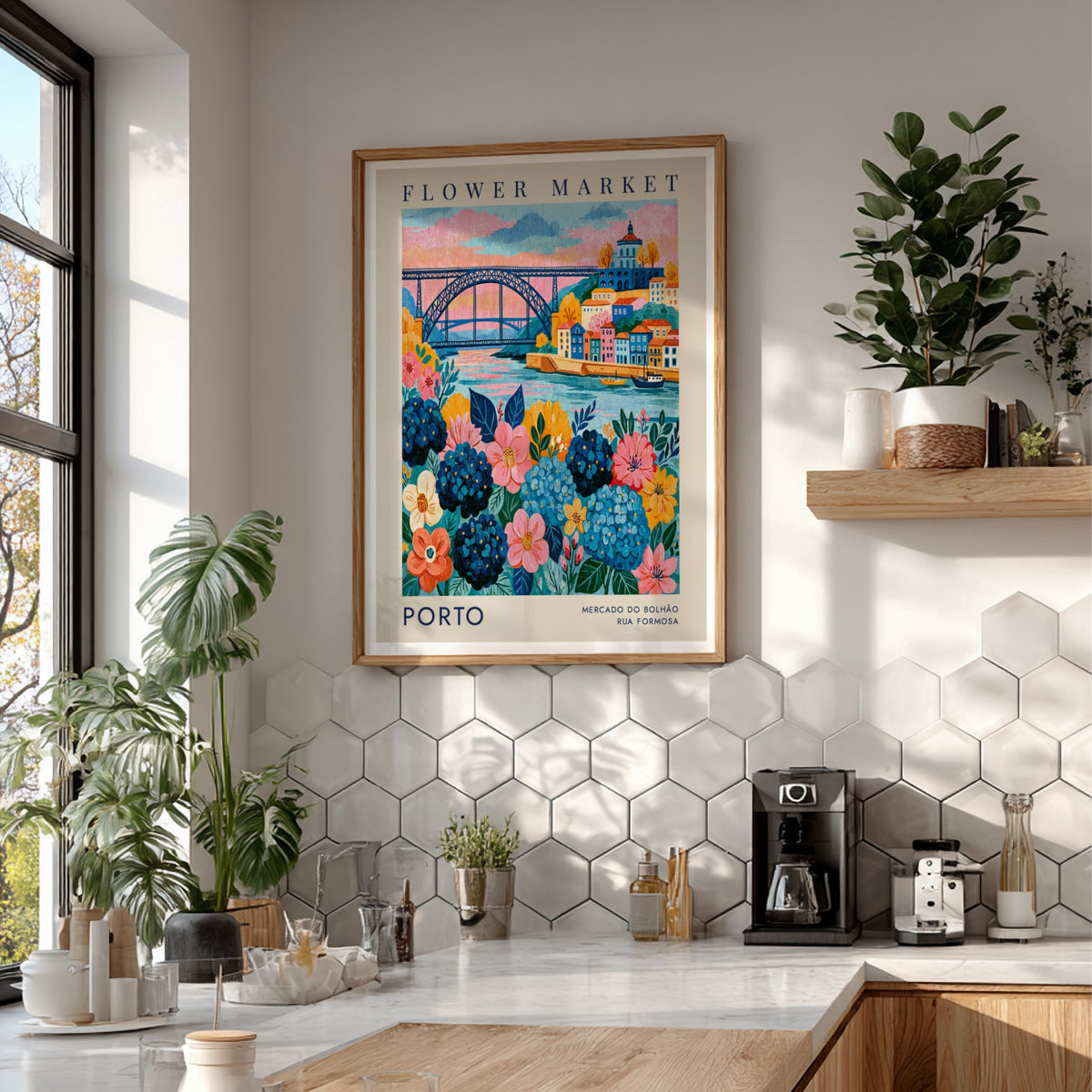 Vibrant flower market poster featuring colorful buildings and a river view, ideal for travel art enthusiasts.