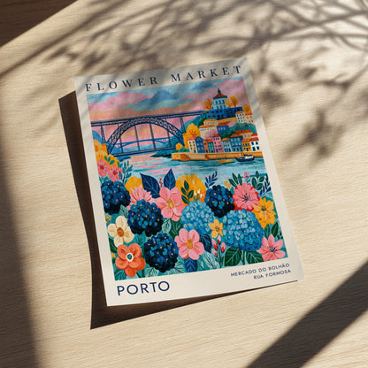 Vibrant flower market poster featuring colorful buildings and a river view, ideal for travel art enthusiasts.