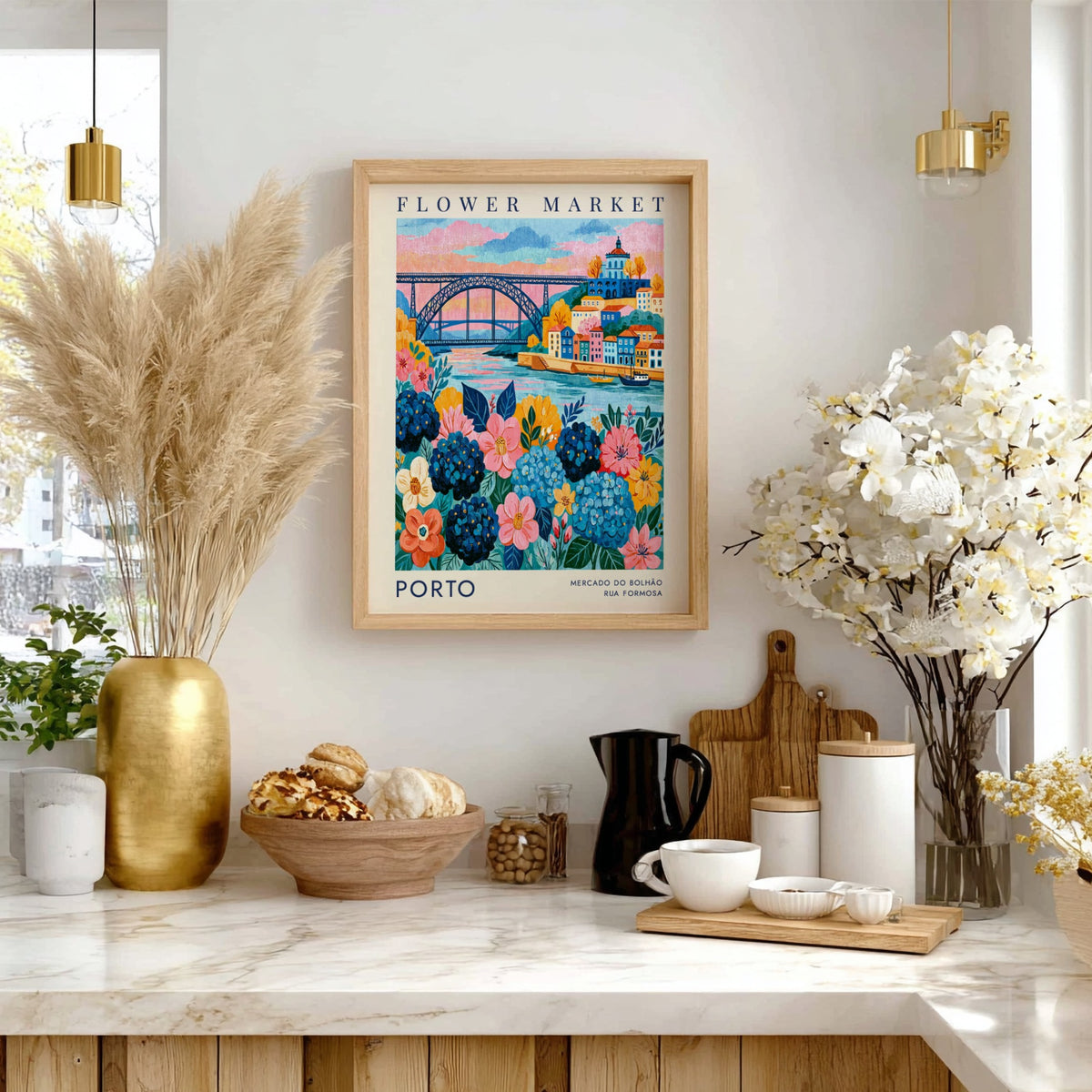 Vibrant flower market poster featuring colorful buildings and a river view, ideal for travel art enthusiasts.