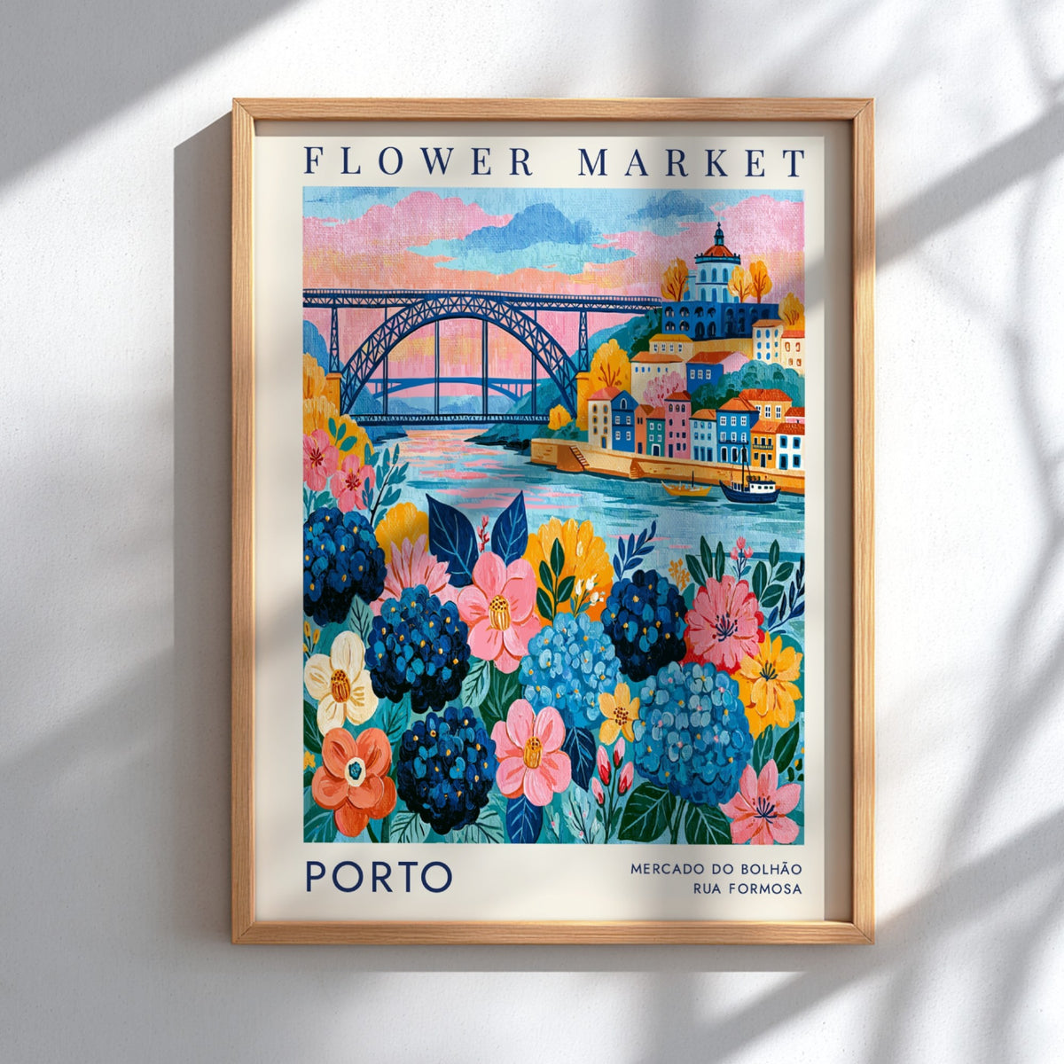 Vibrant flower market poster featuring colorful buildings and a river view, ideal for travel art enthusiasts.