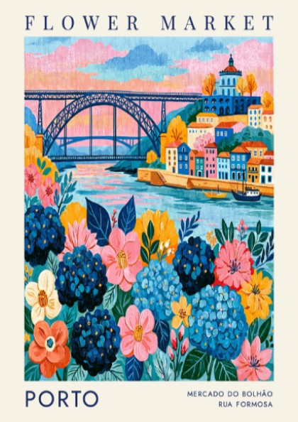 Vibrant flower market poster featuring colorful buildings and a river view, ideal for travel art enthusiasts.