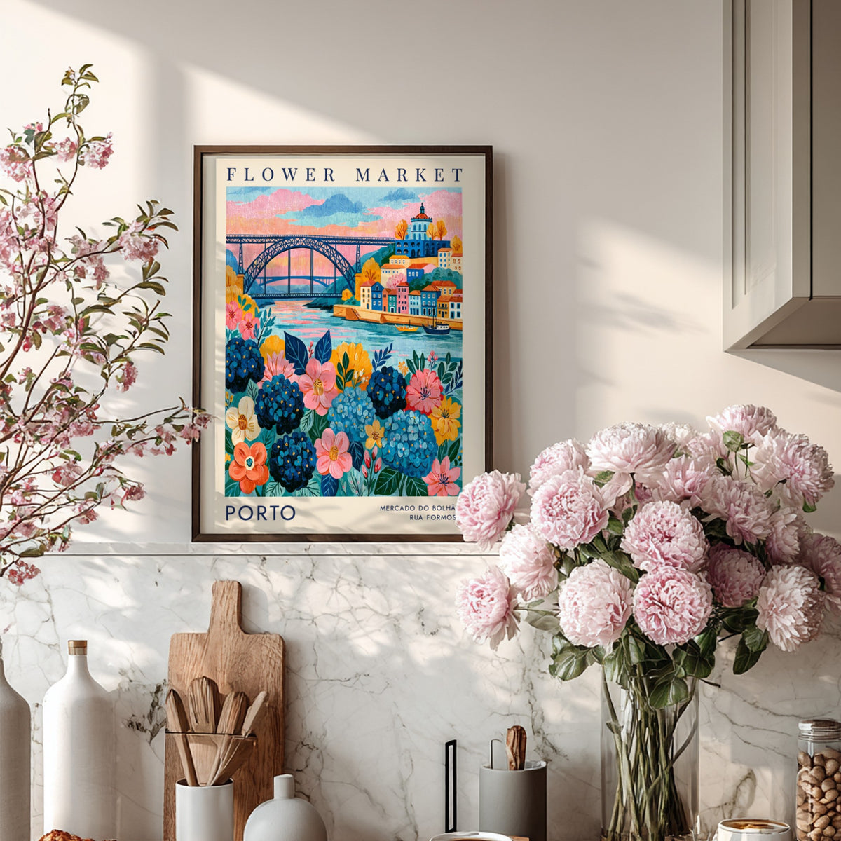 Vibrant flower market poster featuring colorful buildings and a river view, ideal for travel art enthusiasts.