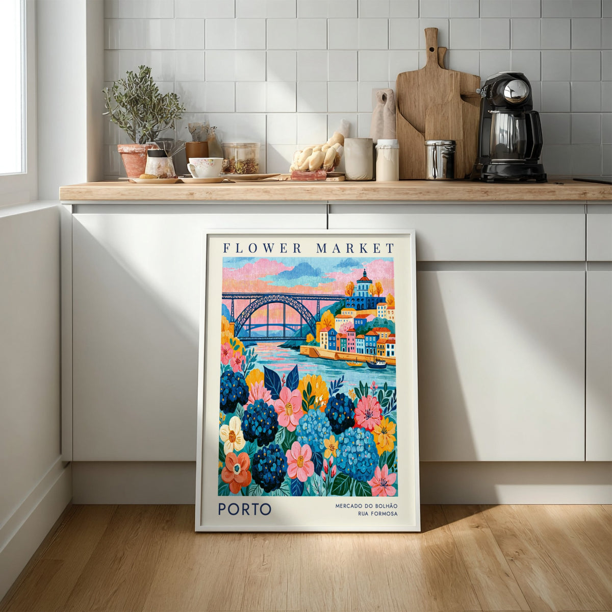 Vibrant flower market poster featuring colorful buildings and a river view, ideal for travel art enthusiasts.