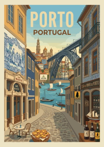 Porto travel poster with Dom Luís I Bridge, Rabelo boats, and historic buildings in a warm, illustrative