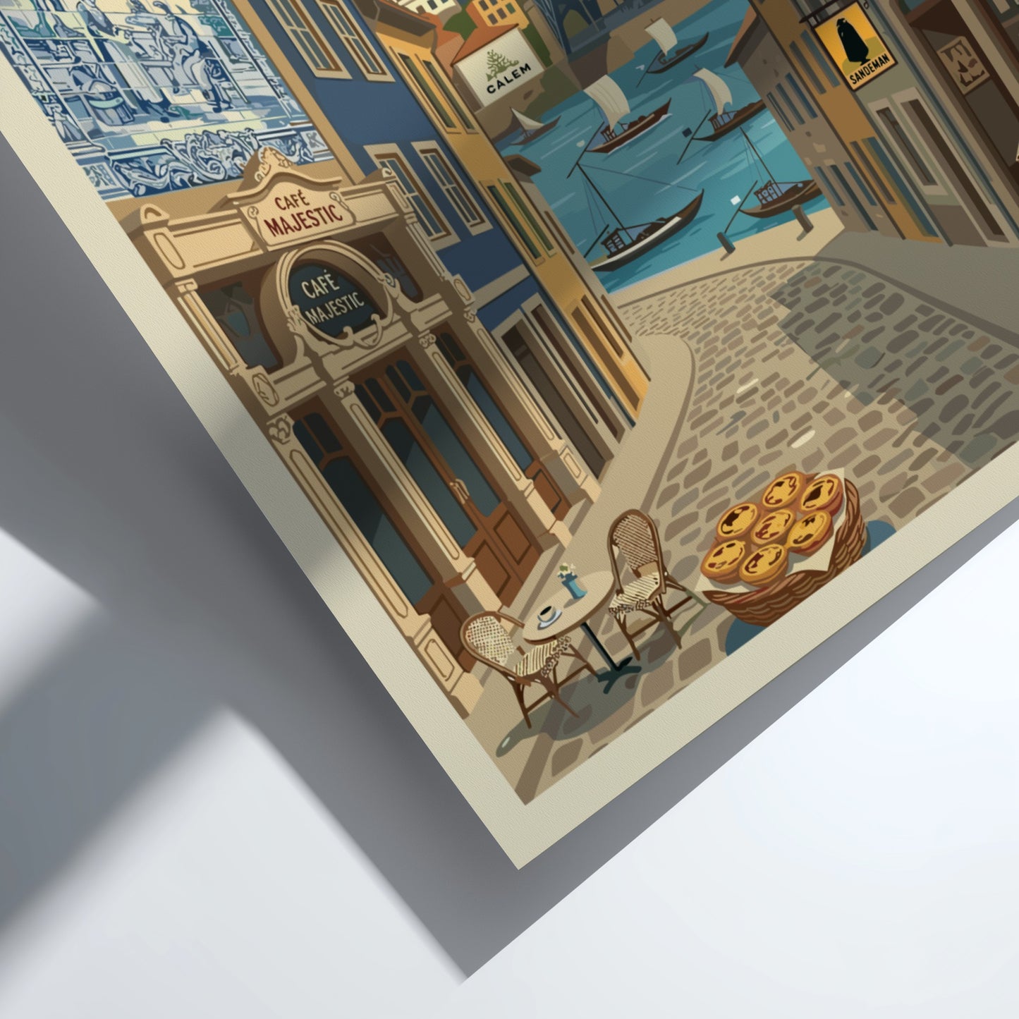 Porto travel poster with Dom Luís I Bridge, Rabelo boats, and historic buildings in a warm, illustrative