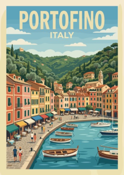 Poster of Portofino Italy featuring colorful buildings along a harbor with wooden boats