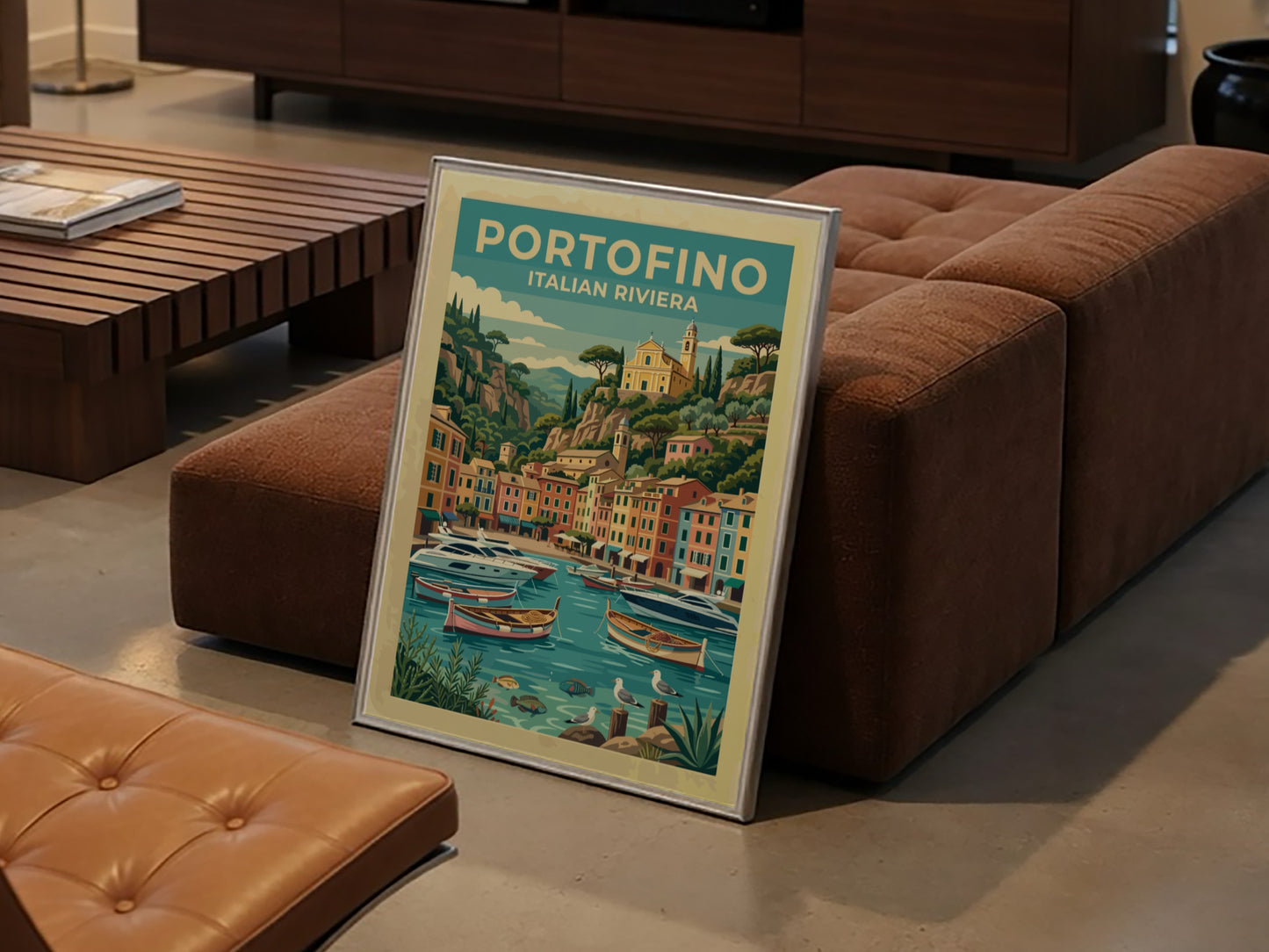 Travel poster of Portofino Italy featuring pastel buildings boats and a hillside church