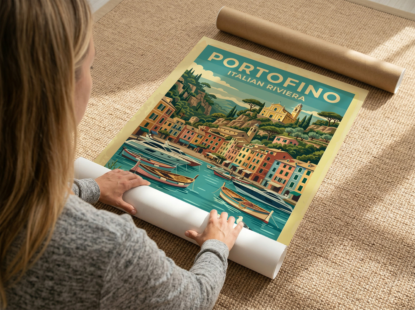 Travel poster of Portofino Italy featuring pastel buildings boats and a hillside church