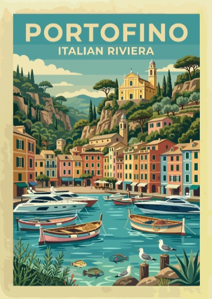 Travel poster of Portofino Italy featuring pastel buildings boats and a hillside church