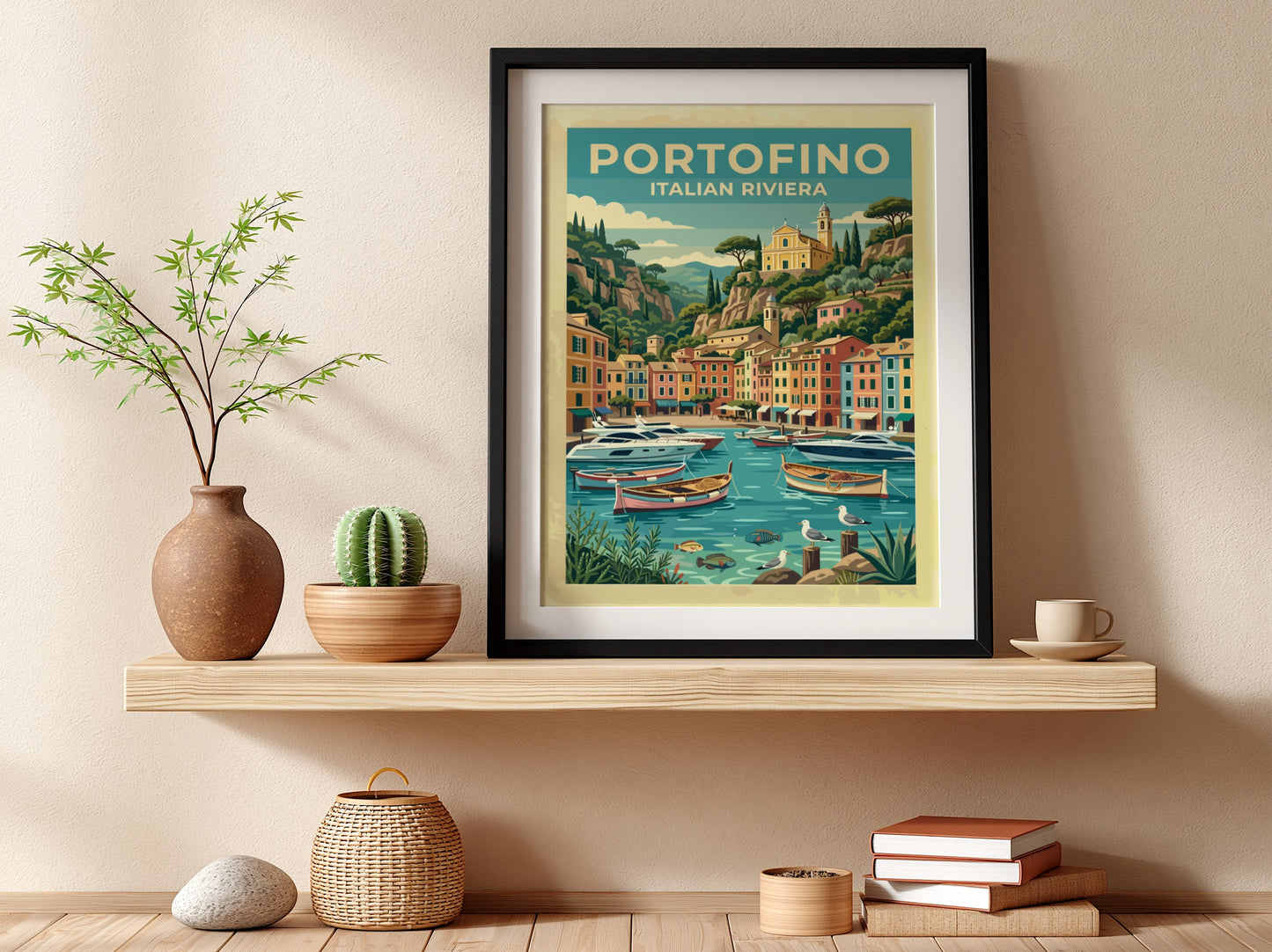 Travel poster of Portofino Italy featuring pastel buildings boats and a hillside church