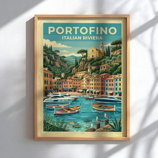 Travel poster of Portofino Italy featuring pastel buildings boats and a hillside church