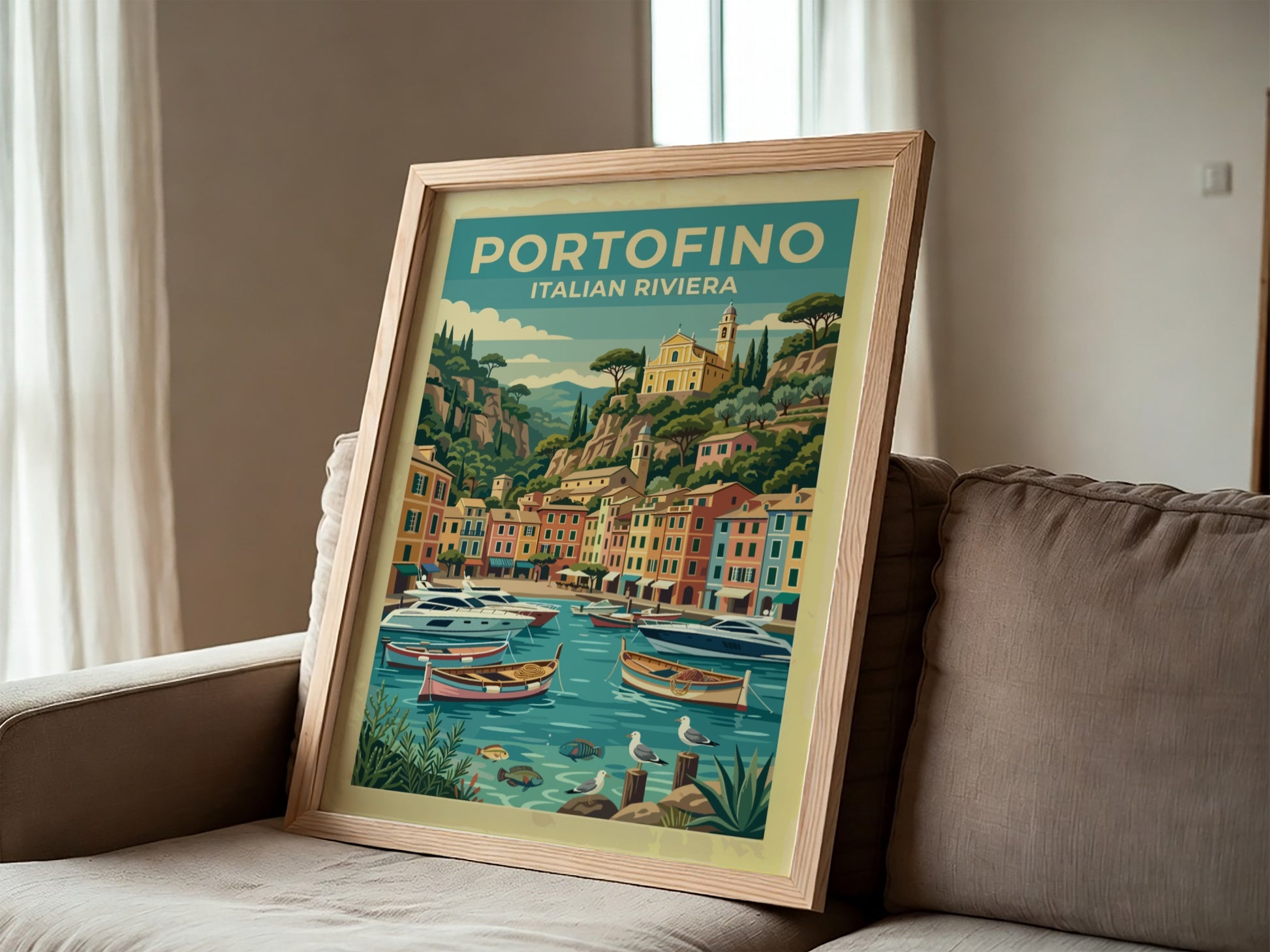 Travel poster of Portofino Italy featuring pastel buildings boats and a hillside church
