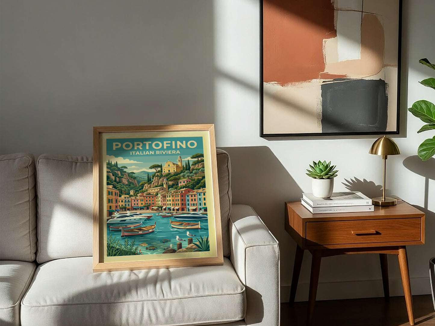 Travel poster of Portofino Italy featuring pastel buildings boats and a hillside church