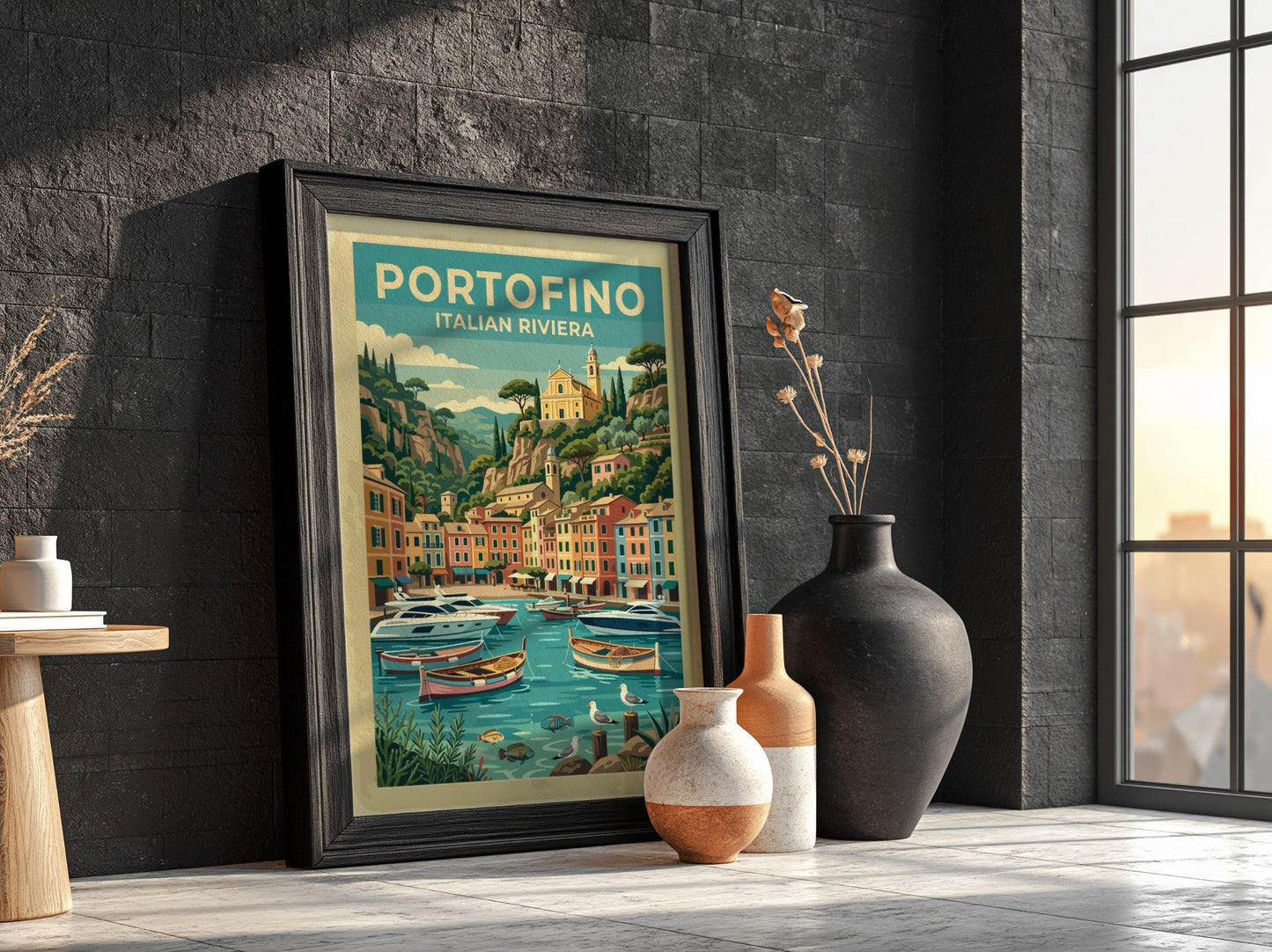 Travel poster of Portofino Italy featuring pastel buildings boats and a hillside church