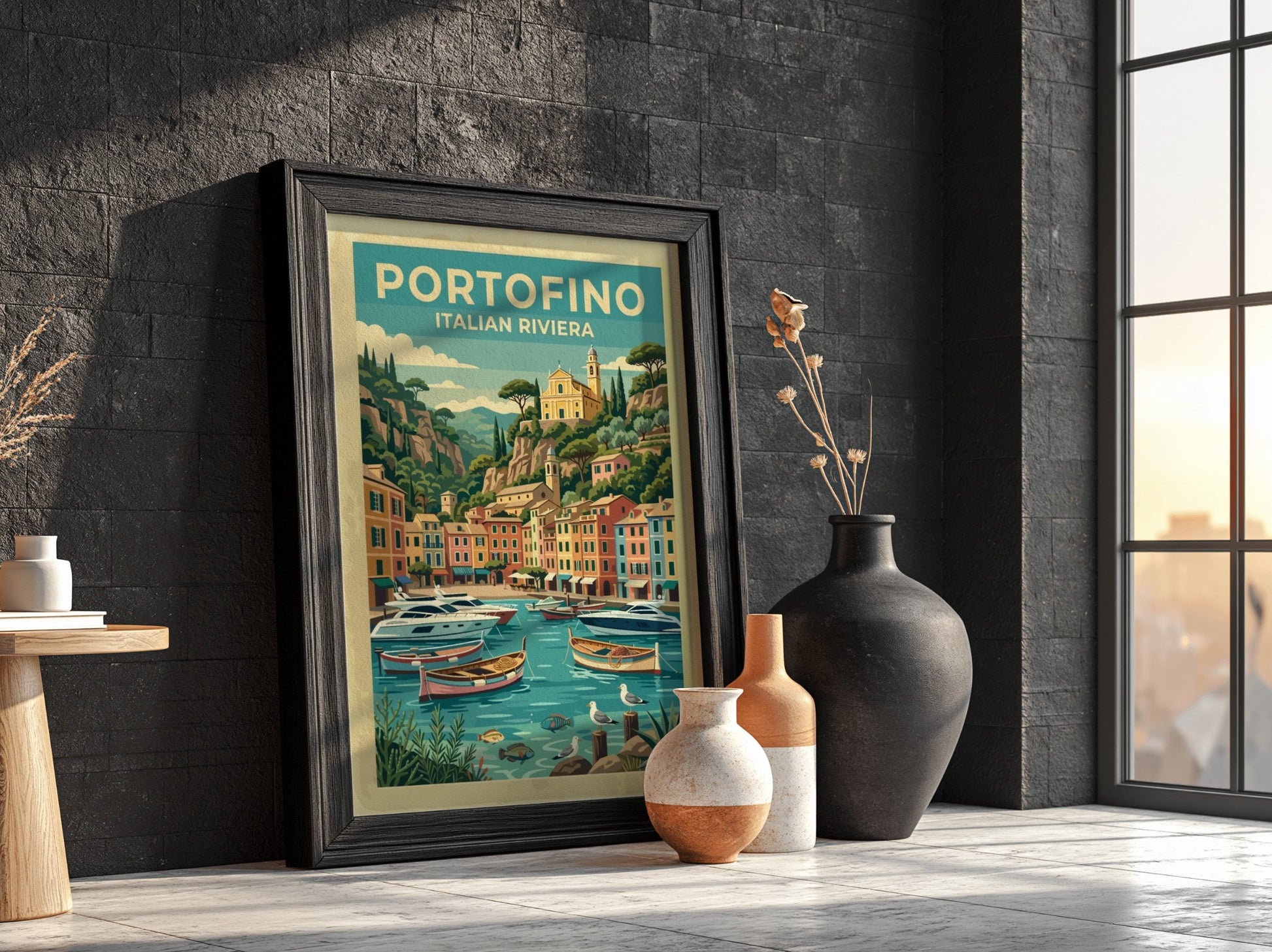 Travel poster of Portofino Italy featuring pastel buildings boats and a hillside church