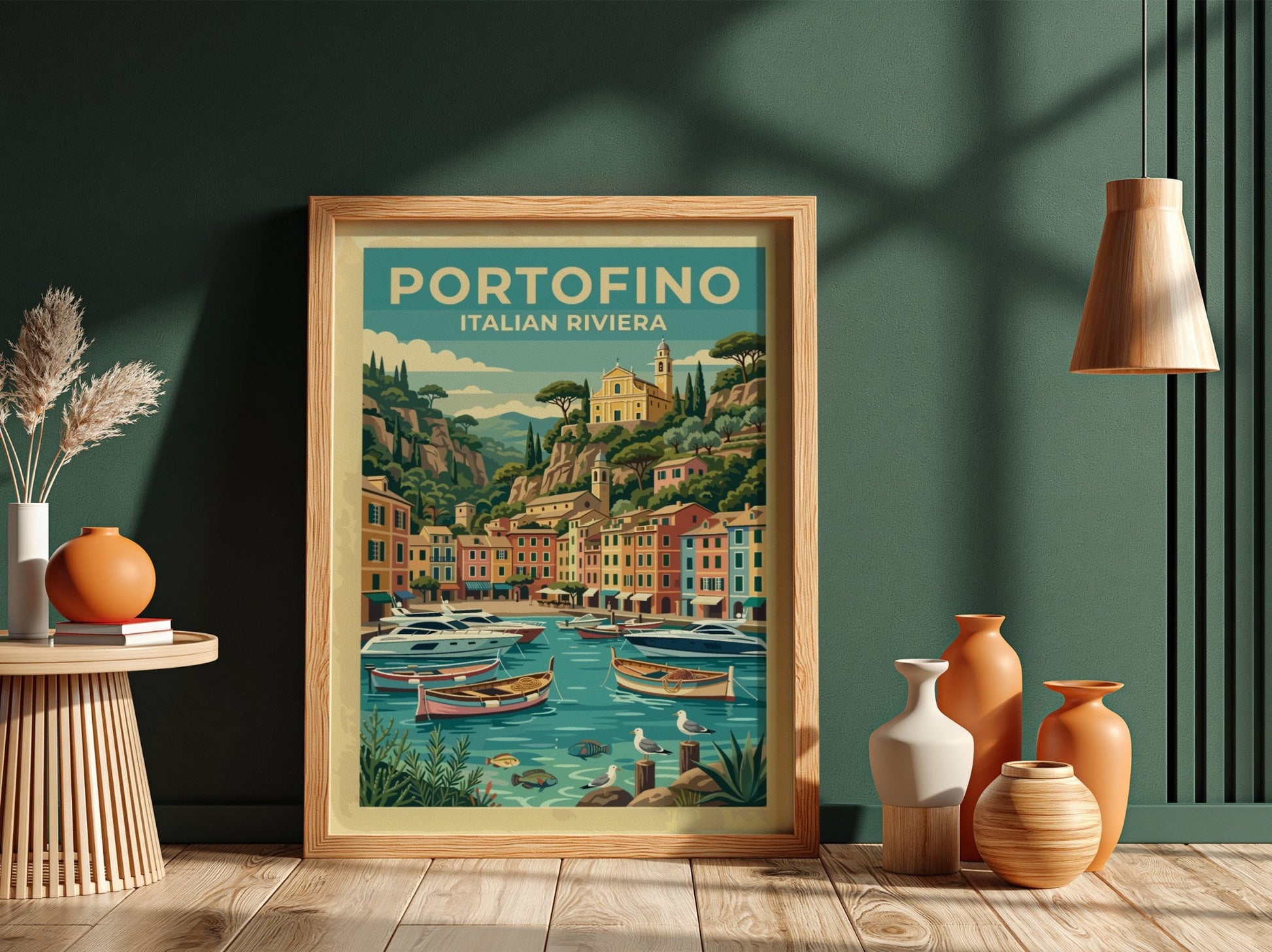 Travel poster of Portofino Italy featuring pastel buildings boats and a hillside church