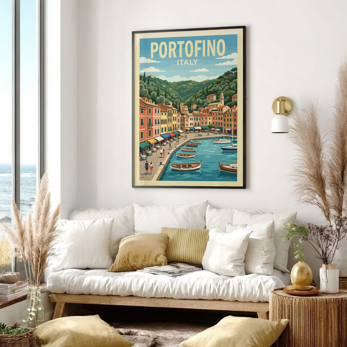 Poster of Portofino Italy featuring colorful buildings along a harbor with wooden boats