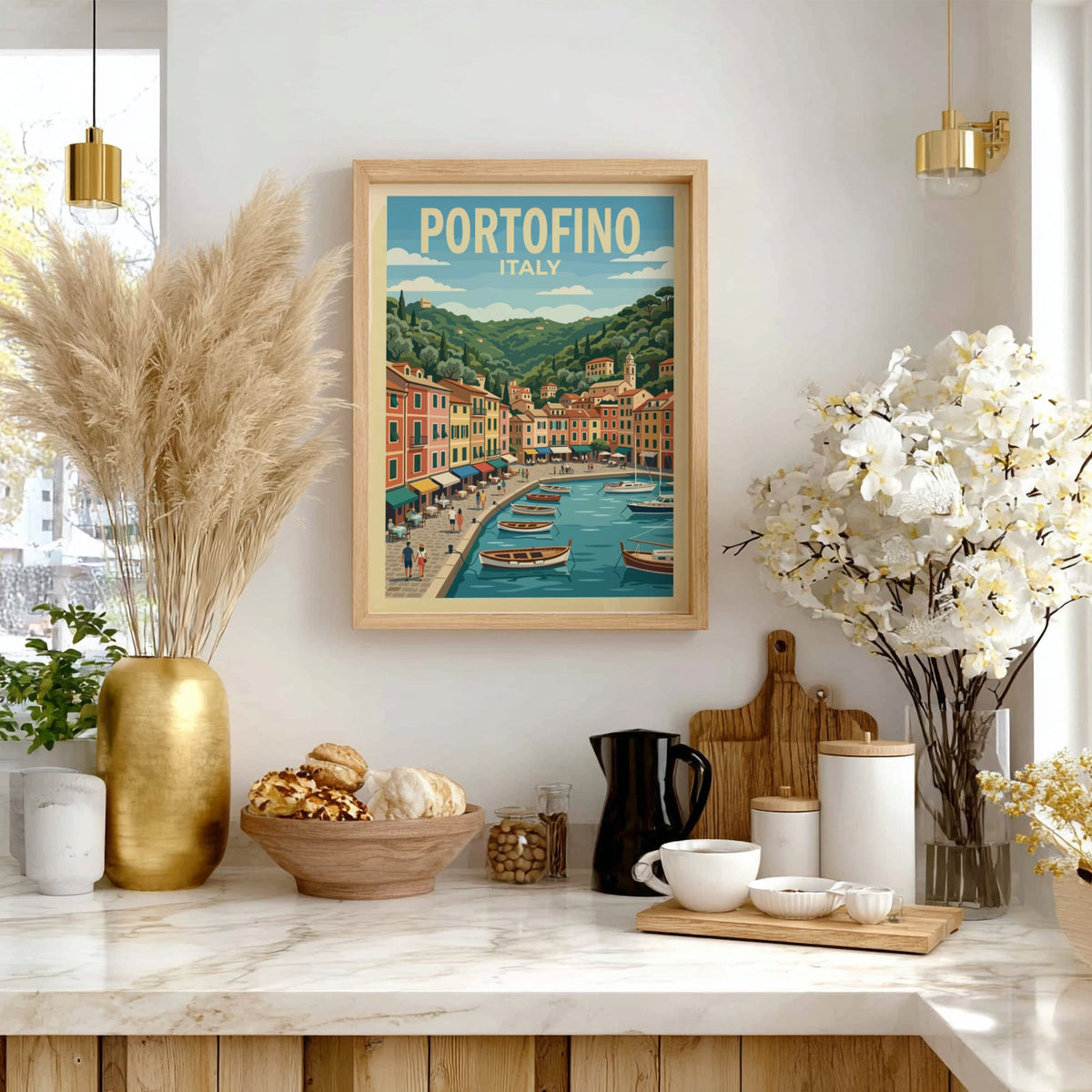 Poster of Portofino Italy featuring colorful buildings along a harbor with wooden boats