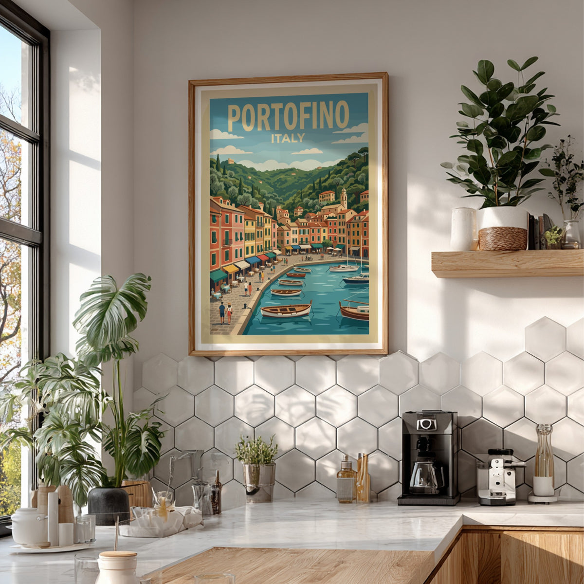 Poster of Portofino Italy featuring colorful buildings along a harbor with wooden boats