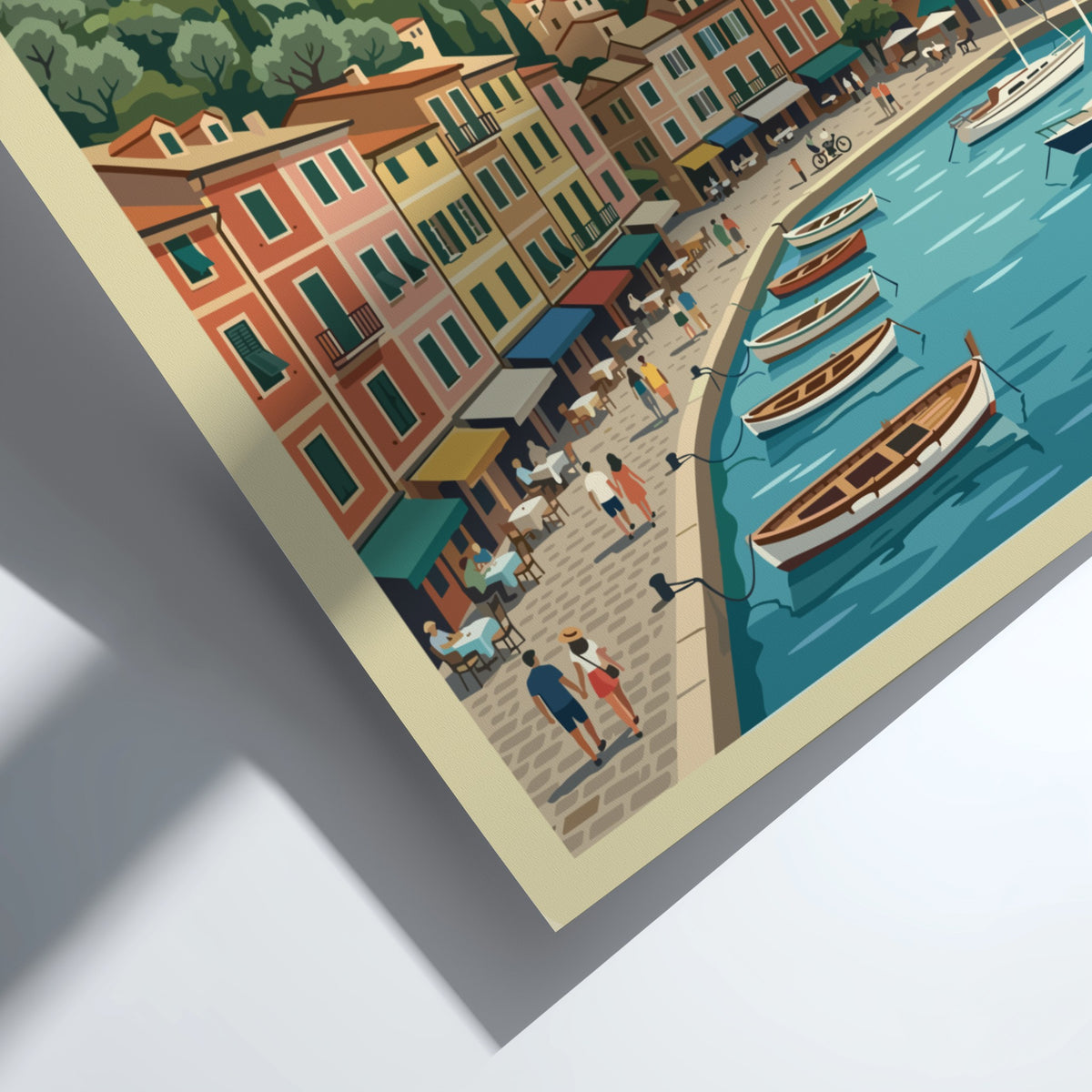 Poster of Portofino Italy featuring colorful buildings along a harbor with wooden boats