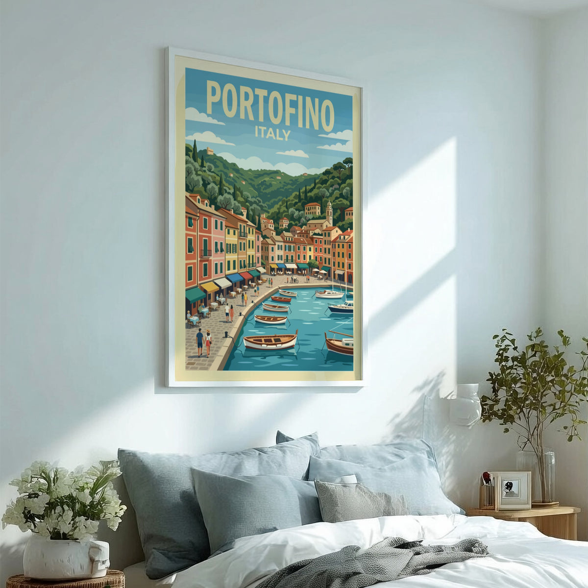 Poster of Portofino Italy featuring colorful buildings along a harbor with wooden boats