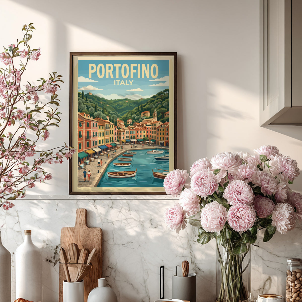 Poster of Portofino Italy featuring colorful buildings along a harbor with wooden boats