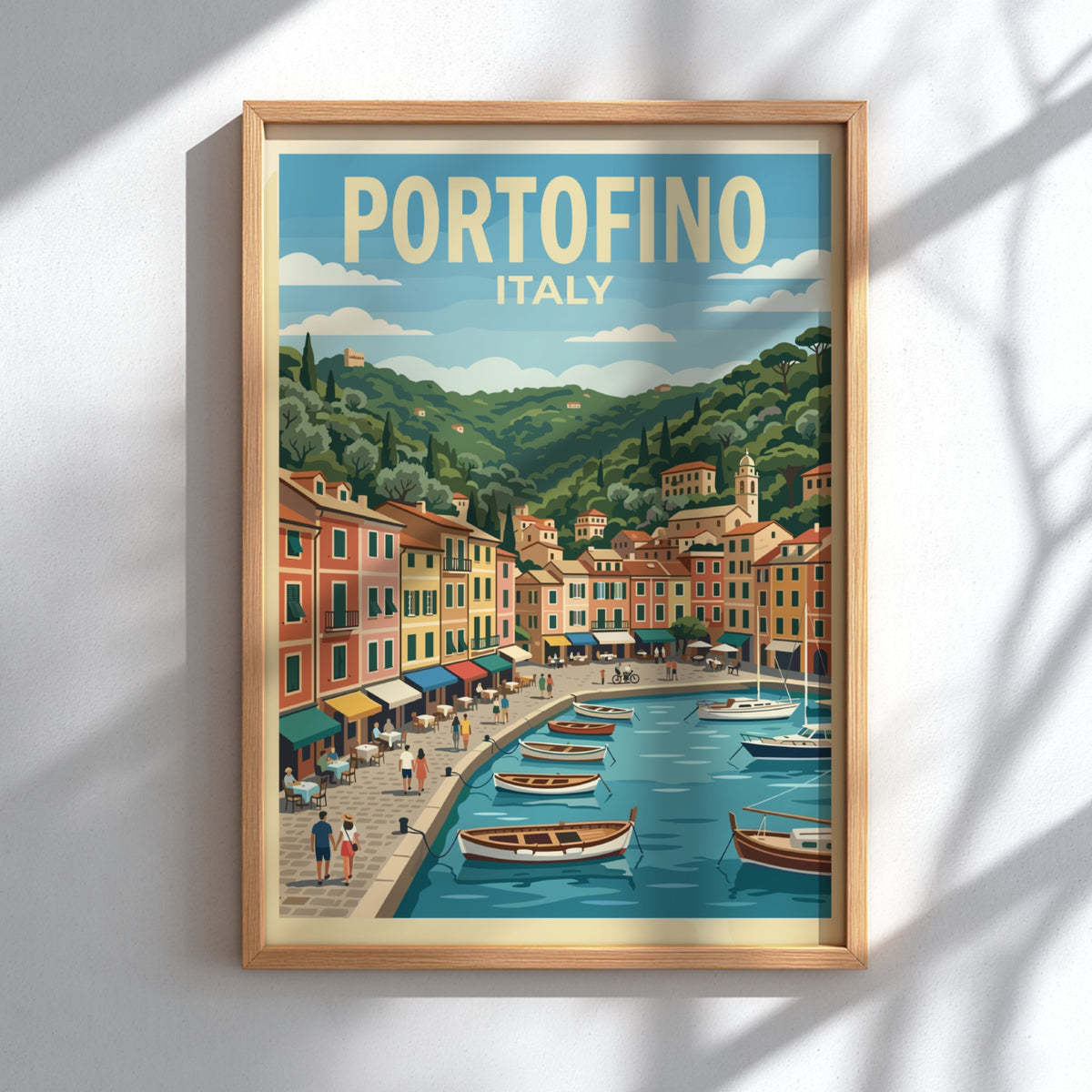 Poster of Portofino Italy featuring colorful buildings along a harbor with wooden boats