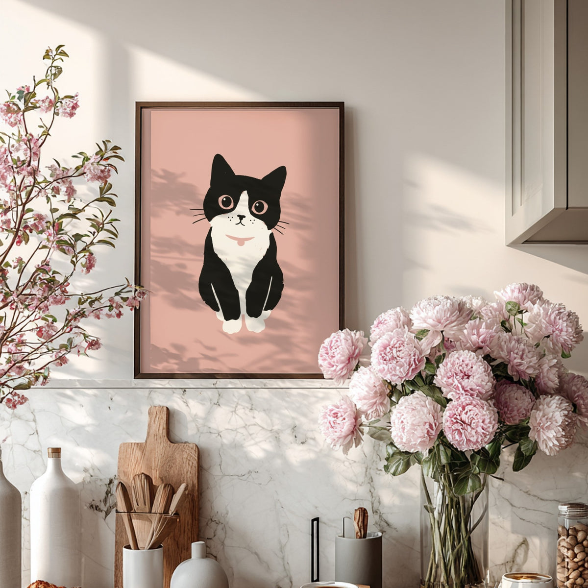 Poster of a minimalist tuxedo cat with wide eyes on a blush pink background.