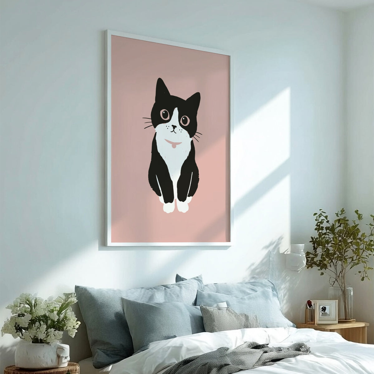 Poster of a minimalist tuxedo cat with wide eyes on a blush pink background.