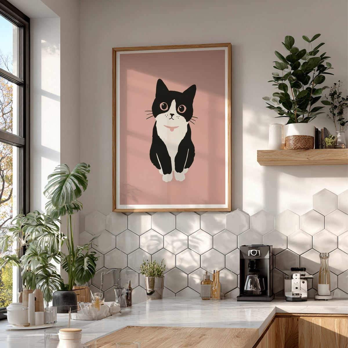Poster of a minimalist tuxedo cat with wide eyes on a blush pink background.
