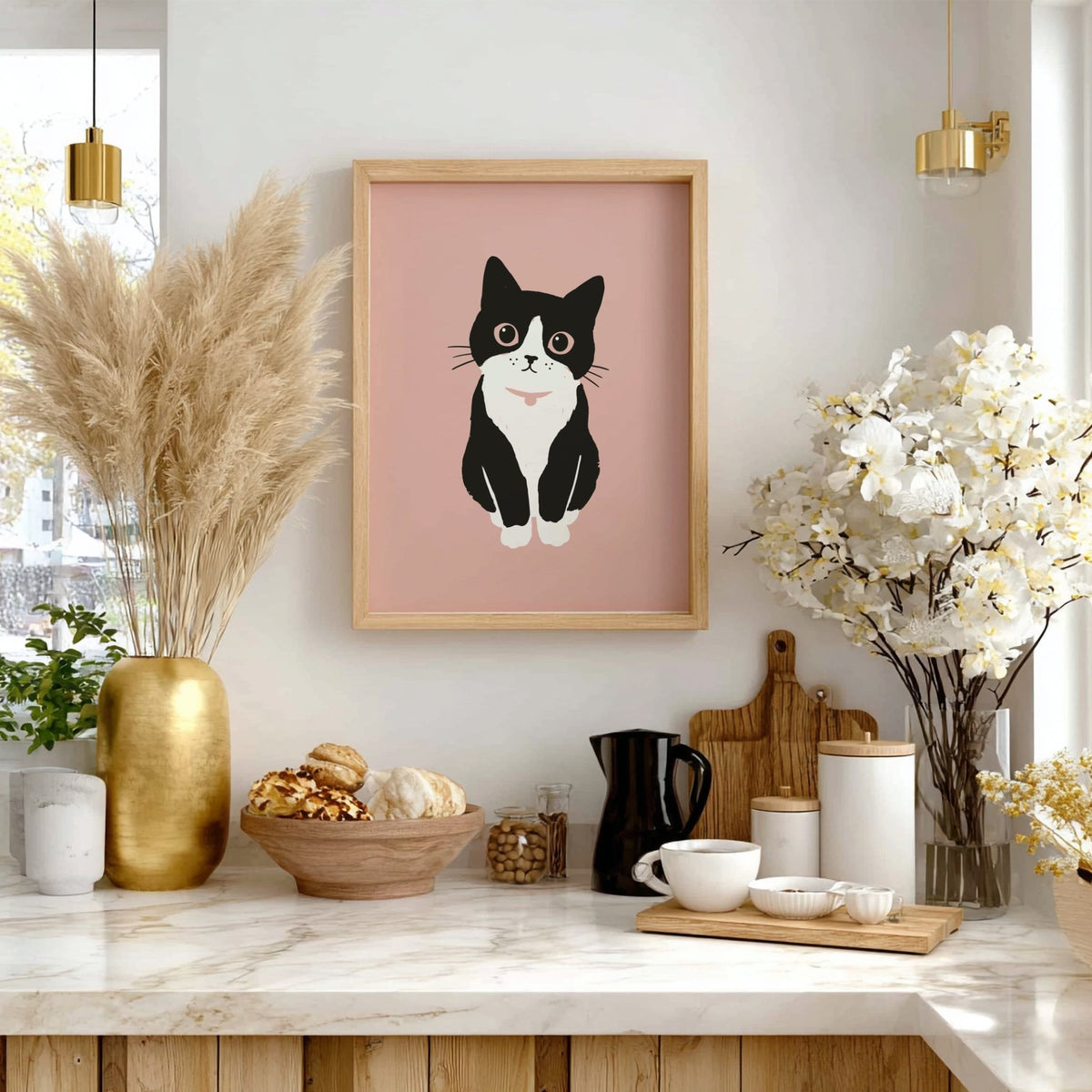 Poster of a minimalist tuxedo cat with wide eyes on a blush pink background.