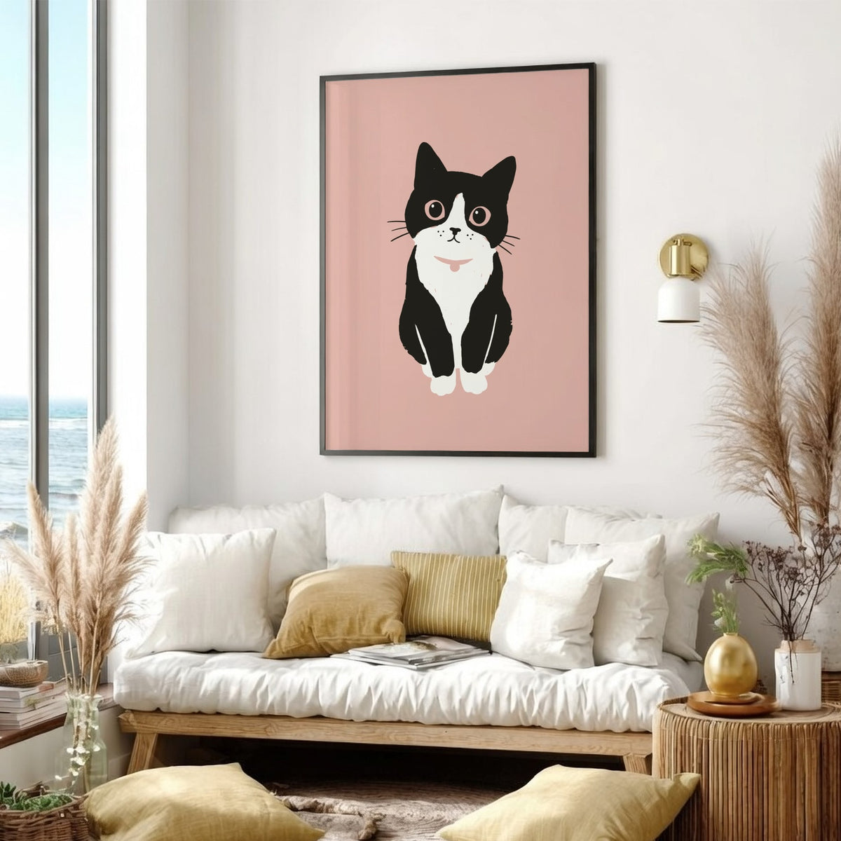 Poster of a minimalist tuxedo cat with wide eyes on a blush pink background.