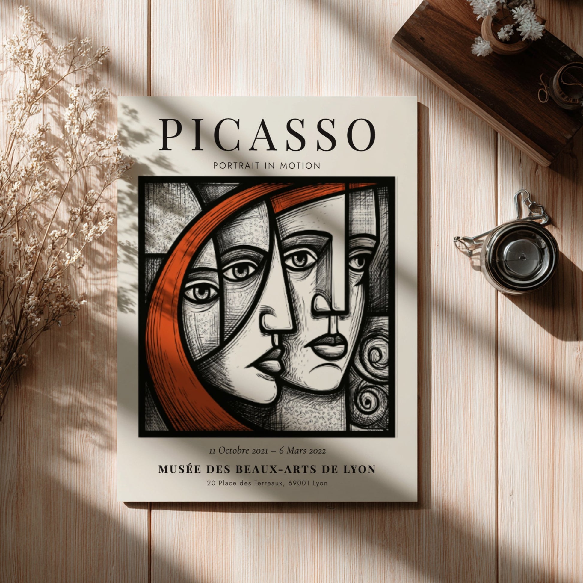 Picasso inspired poster featuring bold lines and vibrant colors, perfect for wall decor.