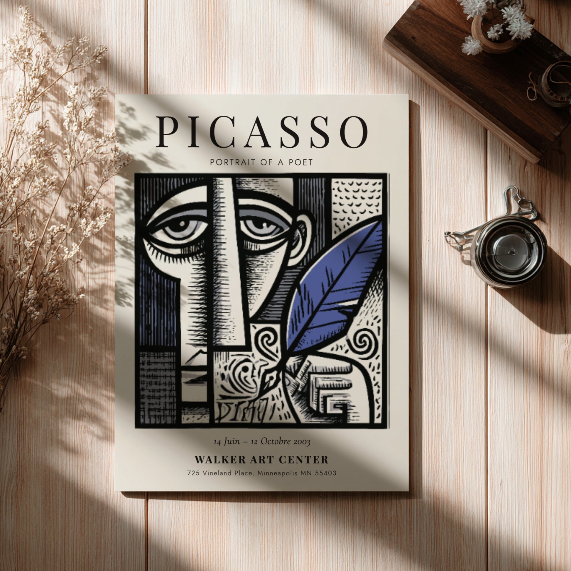 Portrait of a Poet poster inspired by Picasso with abstract shapes and muted tones