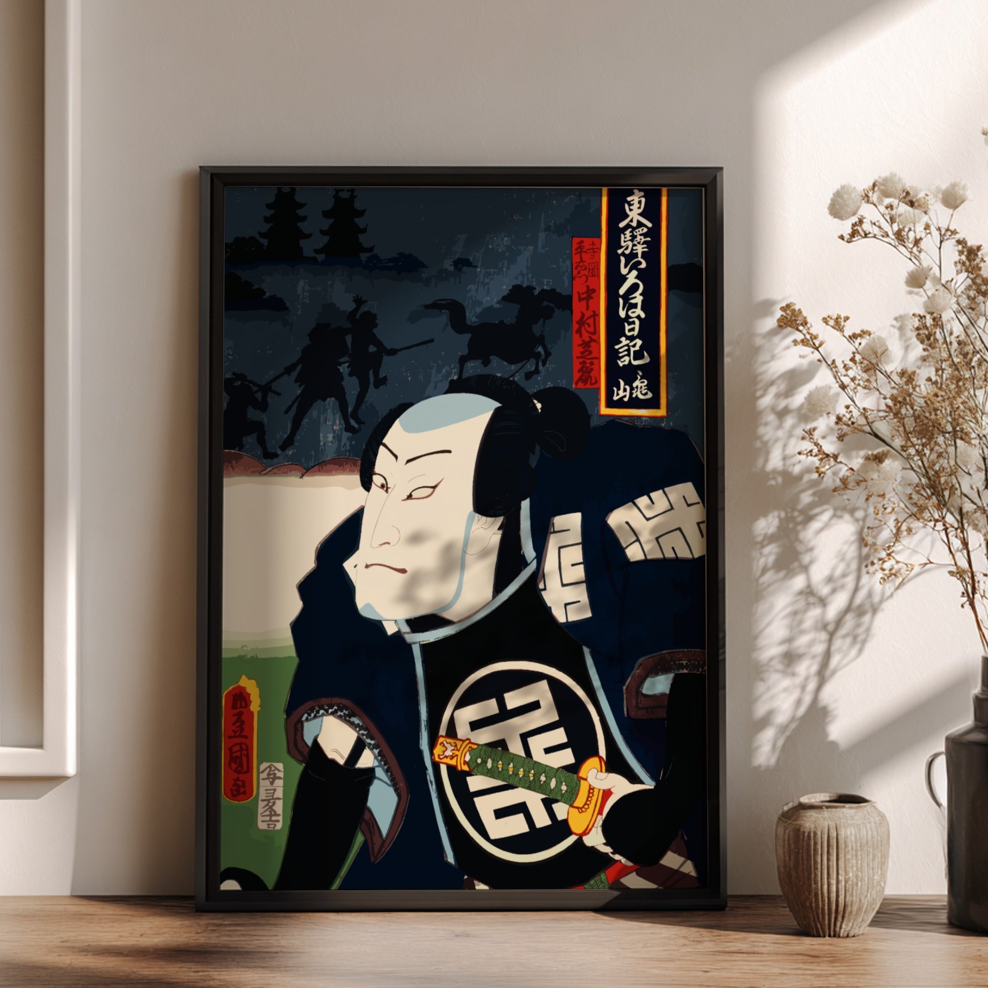 Poster of a Japanese Kabuki actor portrait by Toyohara Kunichika, featuring bold colors and dramatic style.