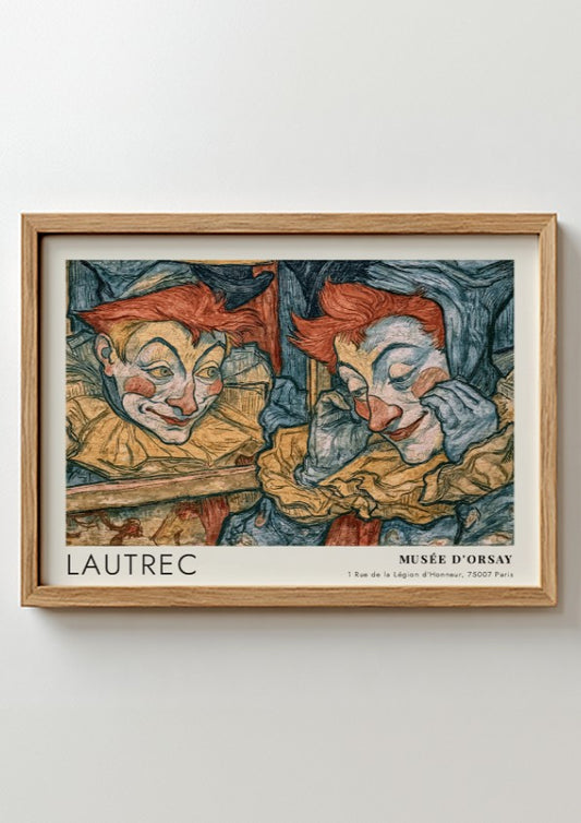 Wall art poster featuring Lautrec Portraits de la Bohème with clown and mirror reflection.